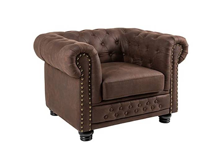 Riess Ambiente Sessel - Vintage braun - Microfaser Federkern Chesterfield Armlehne, Rundumbezug, Knopfheftung, Nietenbesatz, Ziersteppung, hoher Komfort, pflegeleicht, langlebig