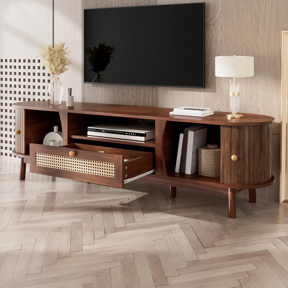 KOMHTOM Meuble tv en rotin noyer l 165 cm Marron 165x46x37cm