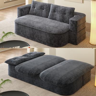 "GDFStudio - 78.7"" Plush Corduroy 2-Seat 2-in-1 Foldable Convertible Sofa Bed with Dual-Purpose Blanket & 2 Pillows"