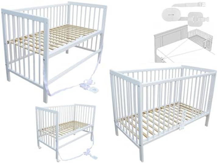 Micoland Kinderbett - Beistellbett - Babybett 120x60 cm umbaubares Bett mit Gurt und Rädern (Weiss)