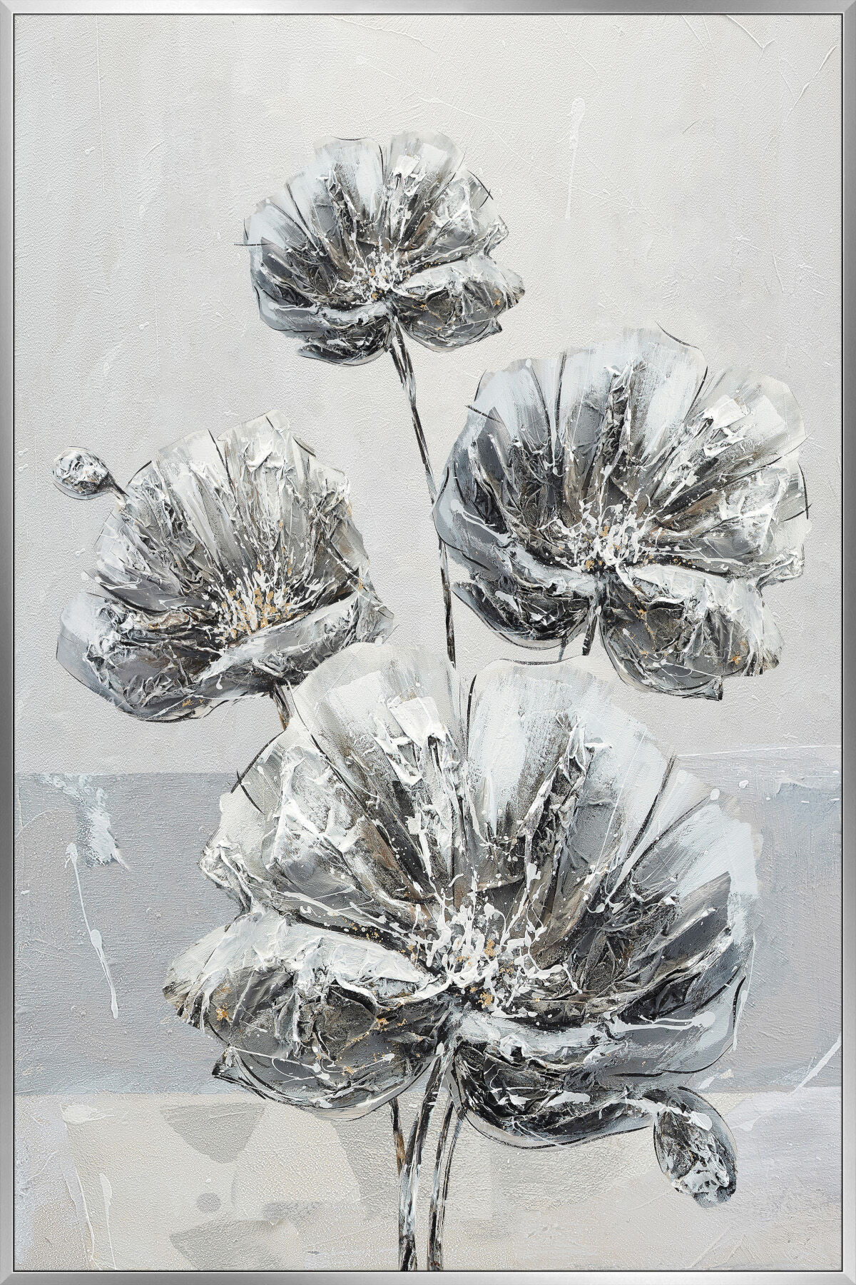 Ölgemälde BÖNNINGHOFF "handarbeit gerahmt BLUMEN 78x118 cm – Wandbild Deko modern", transparent (farbe rahmen: silber, farbe bild(er): grau, silber, schwarz, gold, weiß), B:120cm H:80cm T:3,5cm, Acryl, Canvas, Massivholz, Bilder, Ölgemälde, handgefertigt,