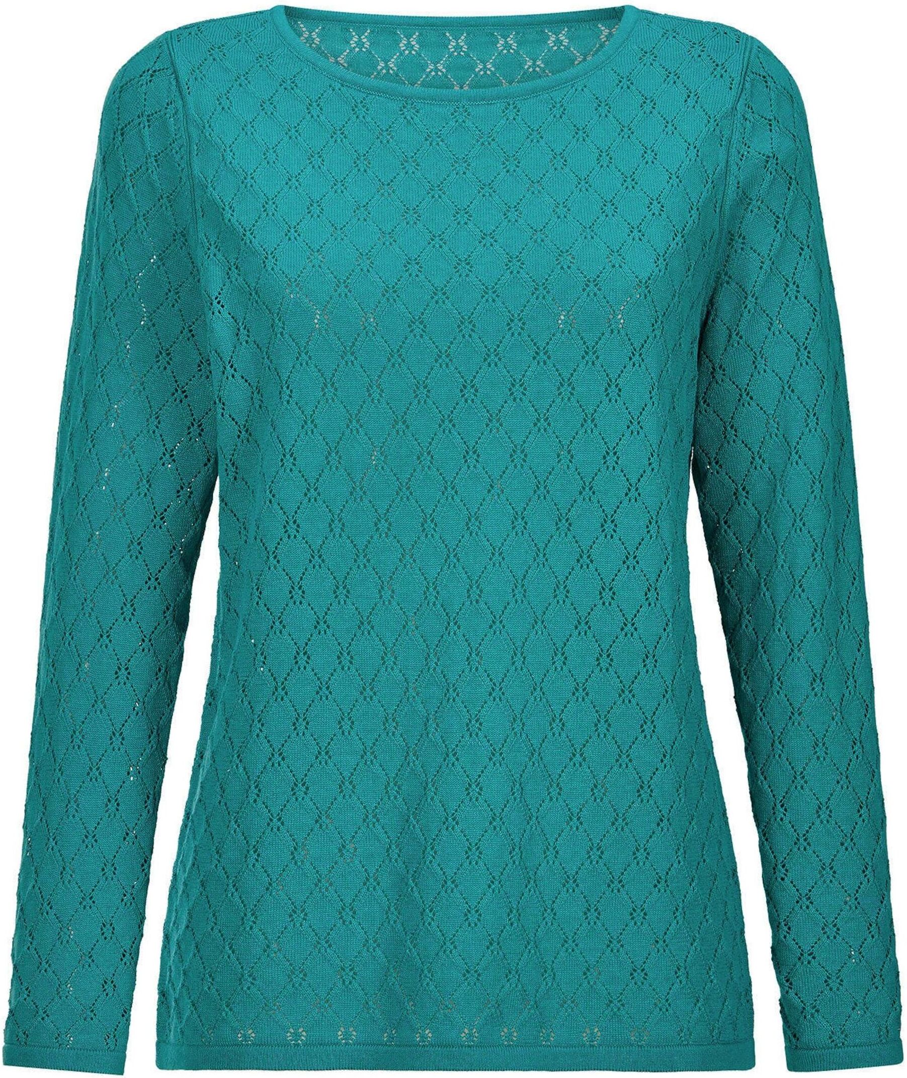 Rundhalspullover GOLDNER "Kurzgröße Strickpullover mit Wabenstruktur", Damen, Gr. 20, grün (smaragd), Obermaterial: 50% Baumwolle CO. 50% Polyacryl PAN., gerade, U-Boot-Ausschnitt, Pullover Rundhalspullover, hochwertiger Ajorstrick