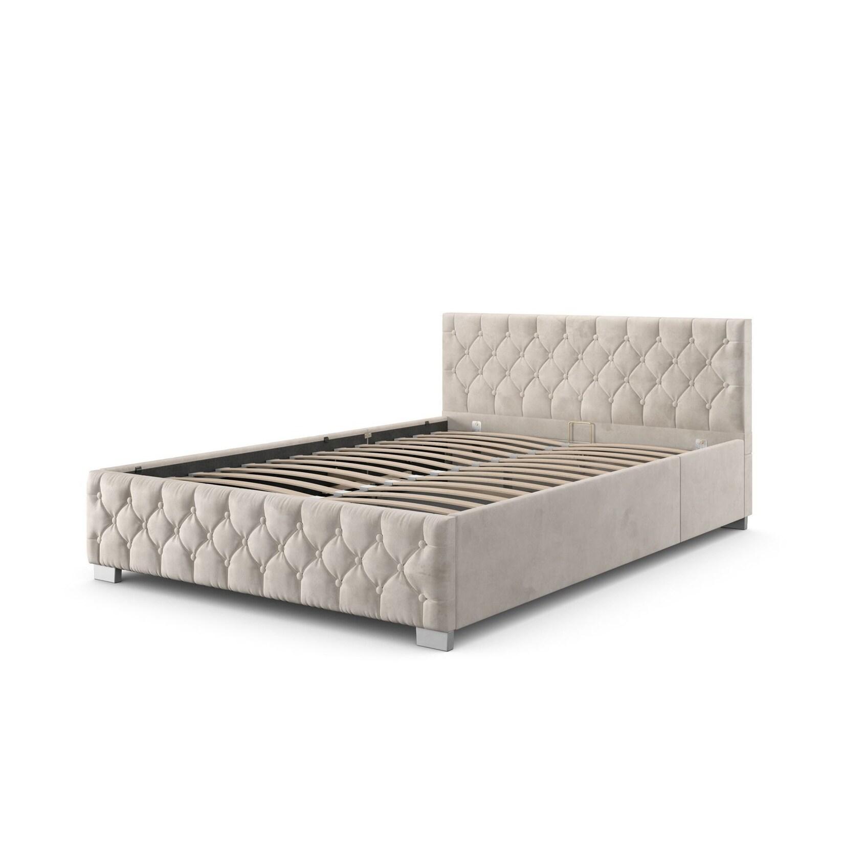Juskys Polsterbett Nizza 180x200 cm - Lattenrost, Stauraum & LEDs - Samtbezug mit Steppung - Beige