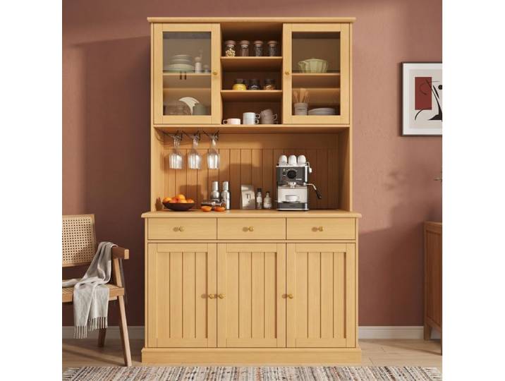Buffet haut vitré 1 tiroir portes vitrées et prises intégrées - MODENVIE - 120×40×191 cm