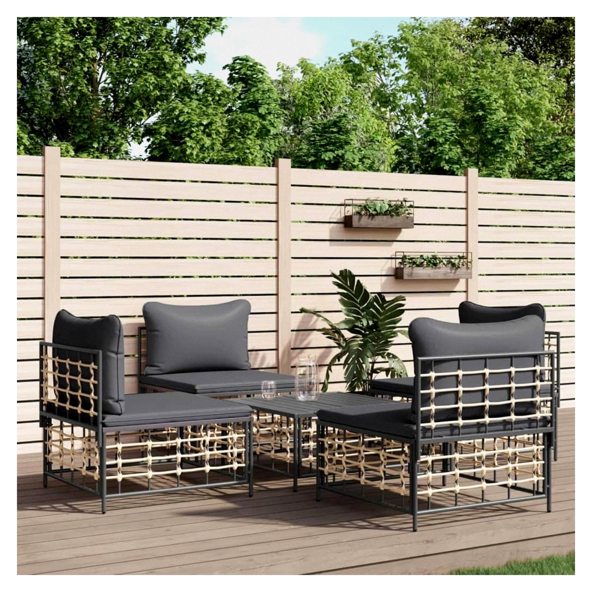 Rattan Gartenmöbel Set Poly Rattan Lounge Balkon Sofa Outdoor Gartenlounge Sitzecke Metall Stahl Loungemöbel Dunkelgrau 5-tlg Typ 2