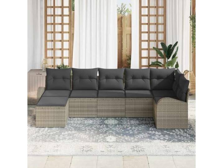 KTHLBRH Modulares Sofa-Set, 7-teilig, hellgrau, Polyrattan Modulares Design, Kissen mit Reißverschluss, wetterfest, für den Garten