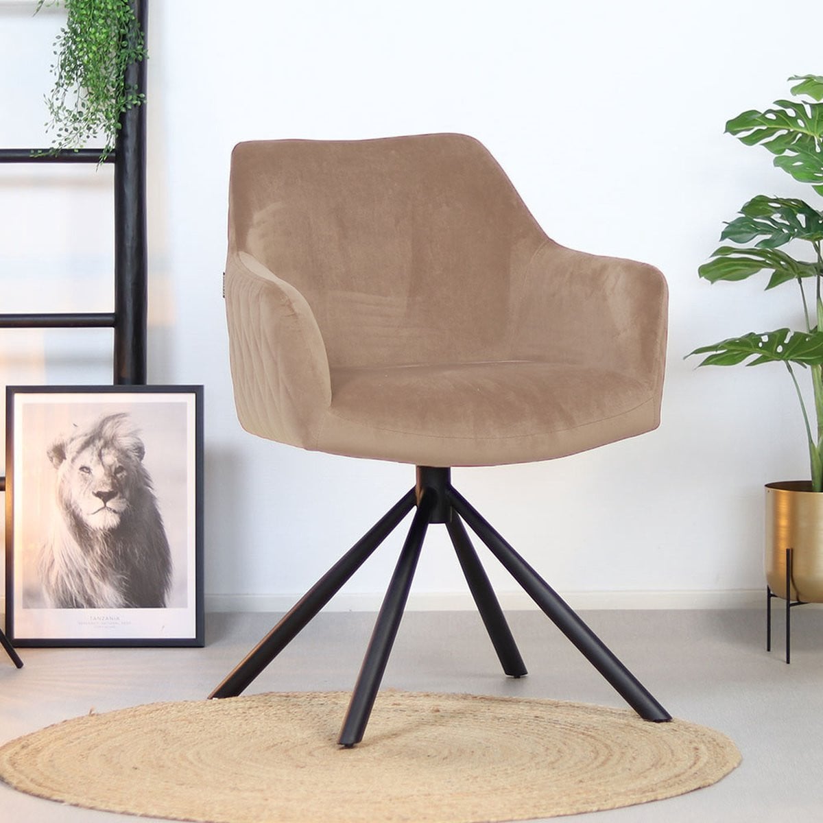 Bronx71 Furtado Velvet eetkamerstoel met armleuningen, draaibaar, taupe