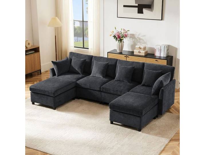 Canapé modulable - SOGEU - Modulable en U - Tissu chenille gris - Réversible U/L - 2 poufs & 6 coussins