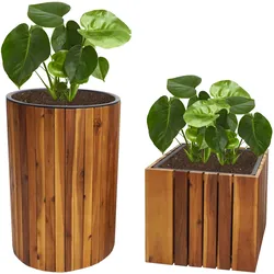 2er-Set Pflanzkasten MCW-L24, Pflanztopf Pflanzkübel Blumentopf Blumenkasten, rund eckig Outdoor Akazie Holz MVG braun