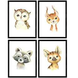 POSTER Set mit 4 Hyena Stinktier Eule und Hirsche A4 Schwarzer Rahmen