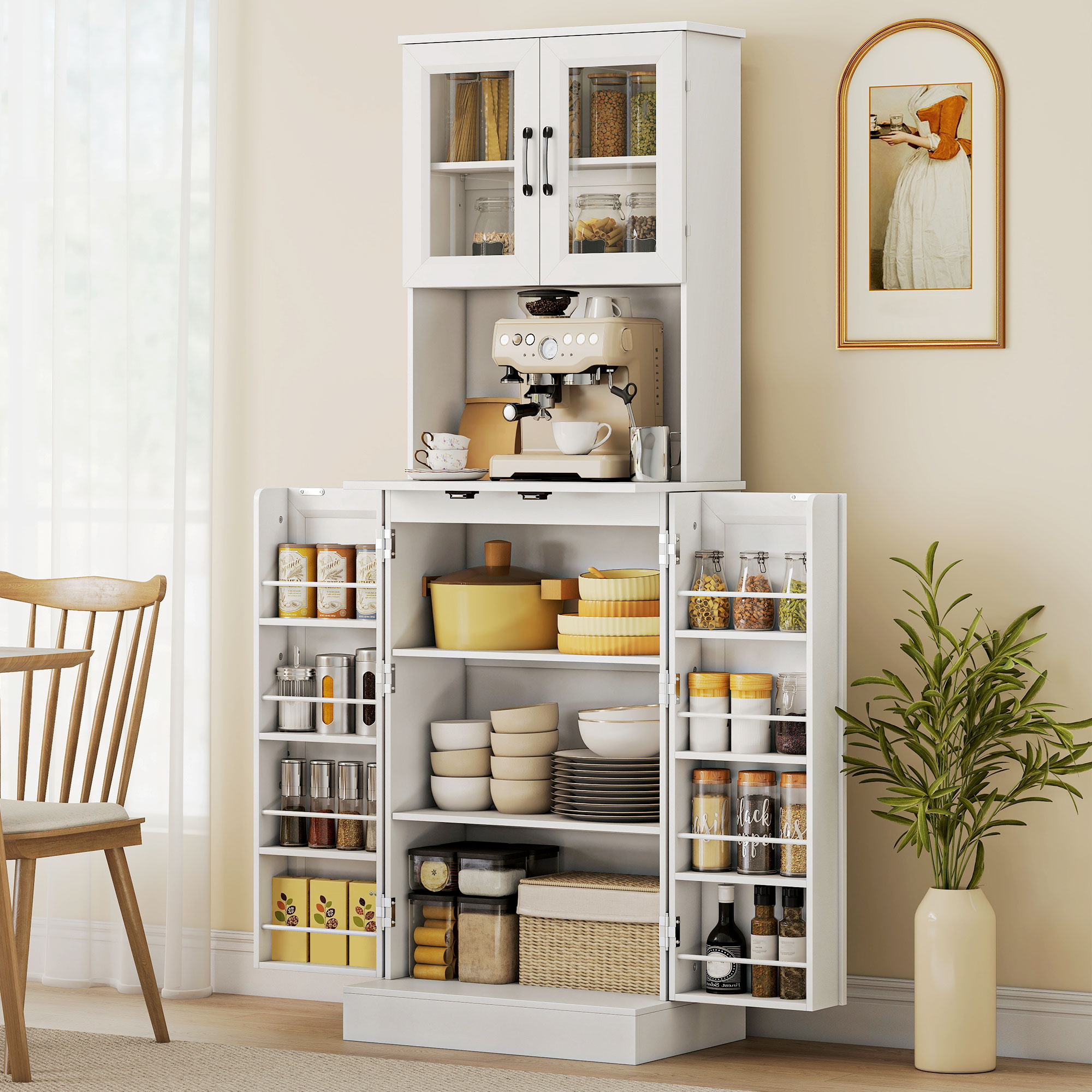 Homcom Credenza Cucina Alta 180cm, 8 Portaspezie sulla Ante, Ante in Acrilico, Ripiano Regolabile, Foro Passacavi, per Sala da Pranzo Soggiorno Bianco   Aosom Italy
