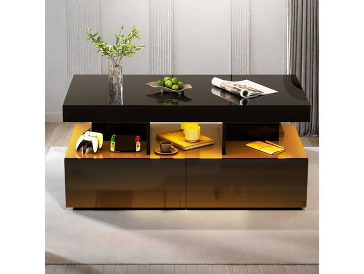 Table Basse - TANANT - Table Basse LED - 2 Tiroirs - 5 Compartiments - Noir - Moderne