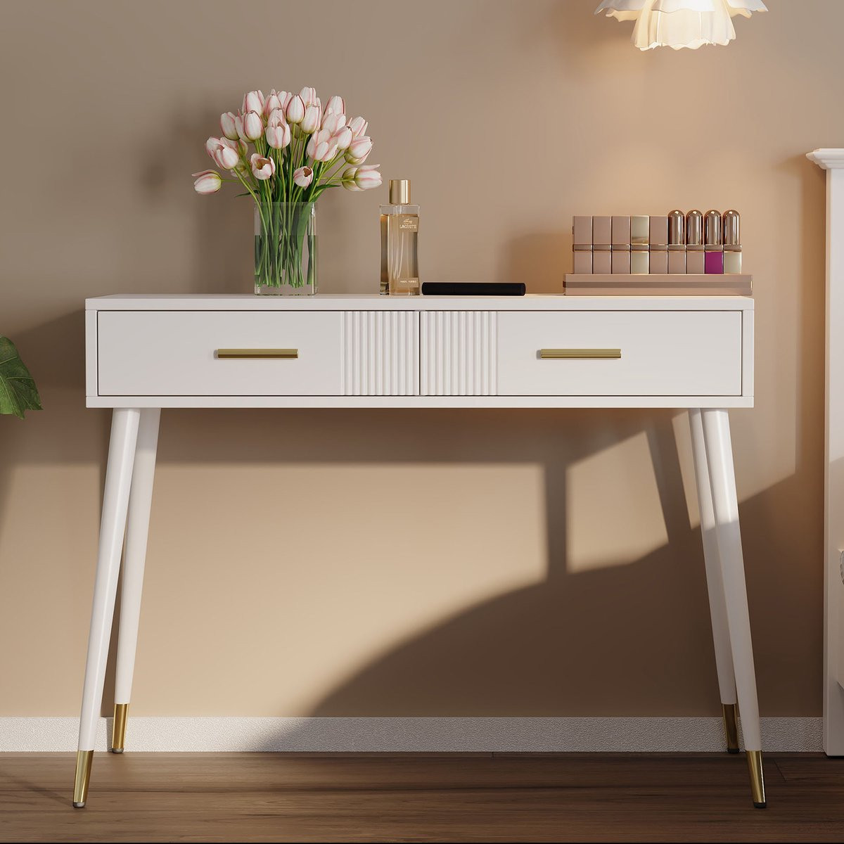 Clruro Kaptafel Bureau met 2 Lades en Metalen Poten - Wit - H: 76 cm, B: 100 cm, D: 40 cm