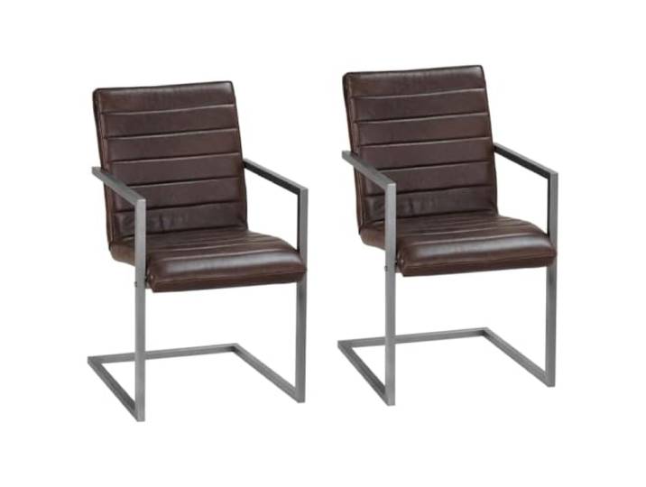HEFZGDB Freischwinger 2 STK. Braun Echtleder Retro Design Used-Effekt Stühle mit Gepolsterter Sitzfläche Rückenlehne Eisenrahmen Rotguss-Finish Bequem Langlebig Küchenstühle