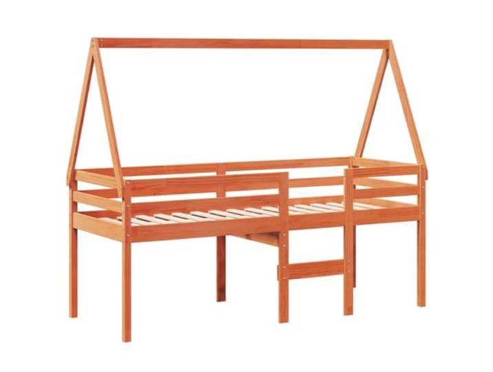 KTHLBRH Hochbett mit Dach, braun, Wachs, 90 x 200 cm, Kiefernholz Mit Leiter und Brüstung, sicheres Design, für Kinderzimmer oder Spielzimmer