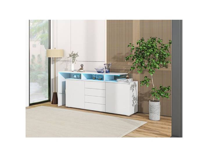 Buffet LED Meuble Moderne Blanc Brillant Commode Multifonction pour Salon/Salle à Manger