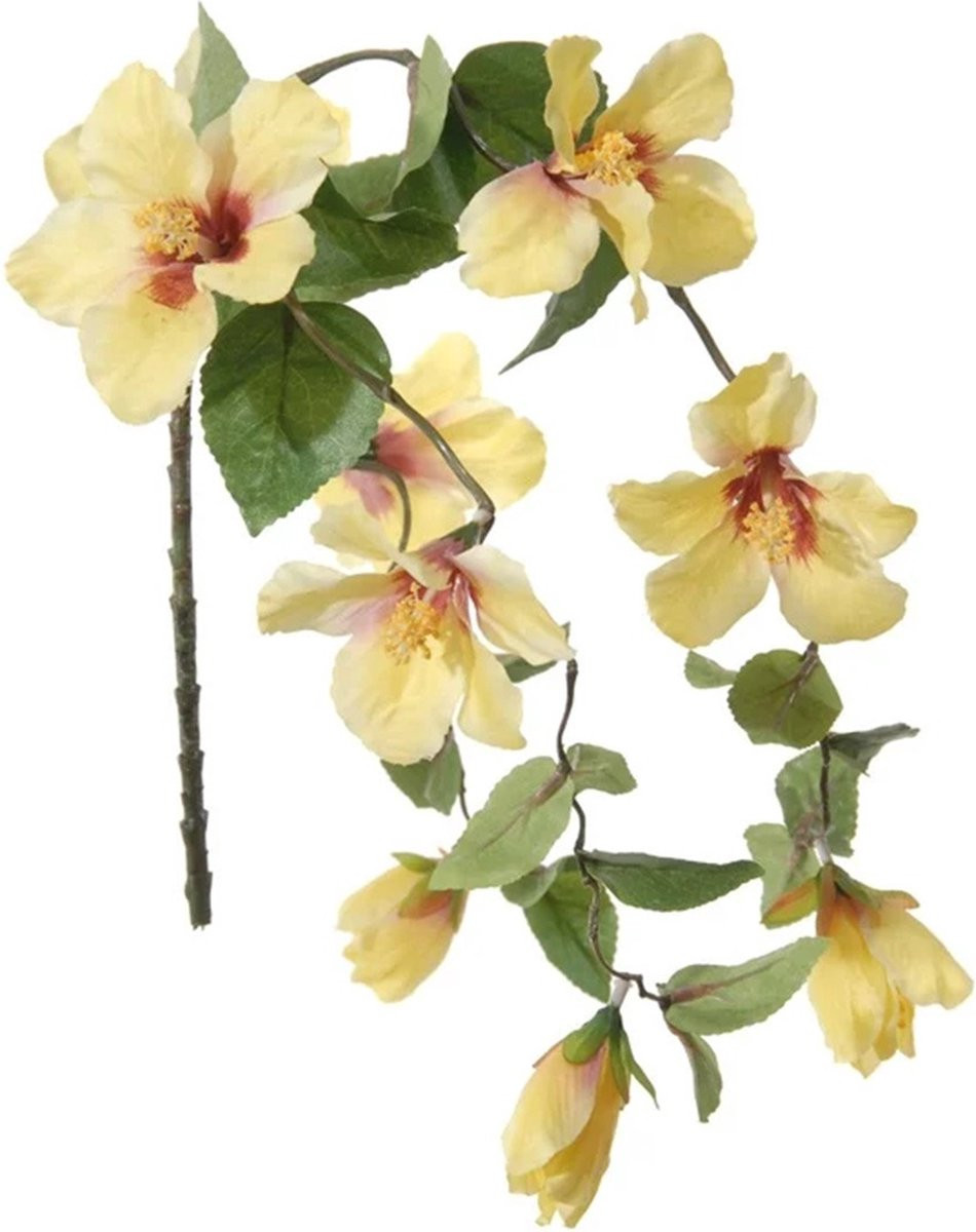 Louis Maes Hibiscus kunstbloemen - Geel - Hangende tak - 165 cm - Levensechte pvc decoratie