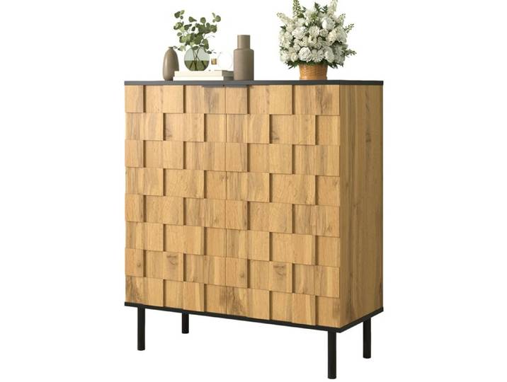 Meuble à chaussures 2 portes – style mosaïque – effet bois – panneaux de particules – pieds métal