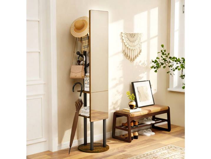 WOVREO Vestiaire avec miroir 174 cm rotatif 360° portemanteau sur pied avec étagères noir et marron
