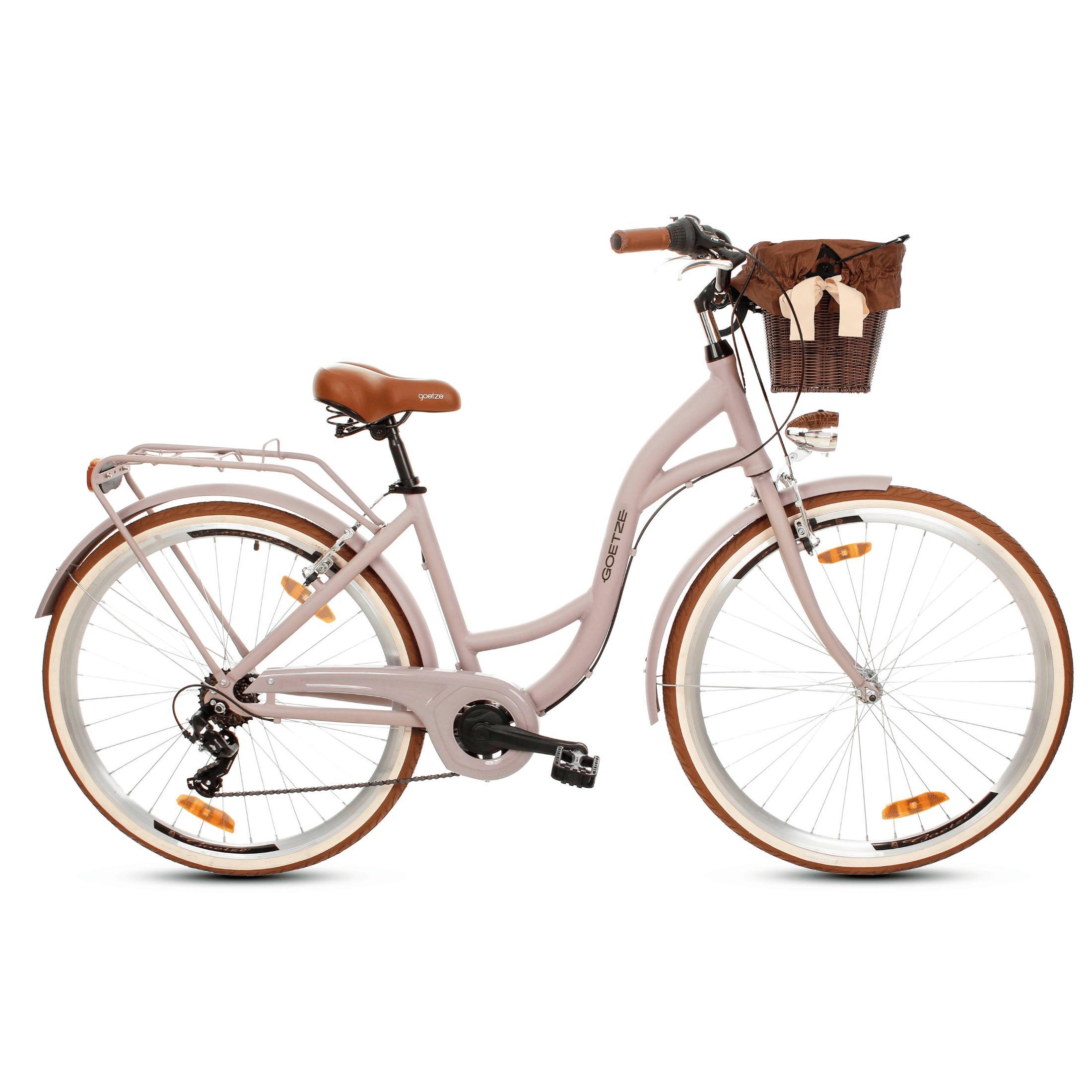 Goetze Mood 28 Zoll City Bike, 18 Zoll ALU Tiefeinsteigerrahmen, 7-Gang Shimano, V-Bremse, LED-Beleuchtung, Komfortsattel, Rattankorb