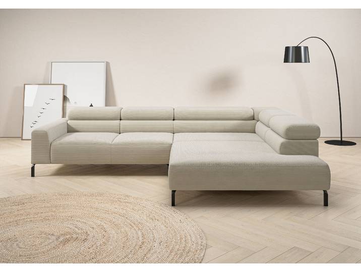 Ecksofa, Beige, 312x219 cm, Cord, L-Form & Kopfteilverstellung, Modern