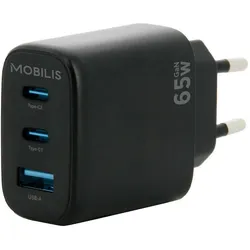 Mobilis Wall Charger 65W 2 USB C 1 USB A GaN (65 W, 3 Ports), USB Ladegerät, Schwarz