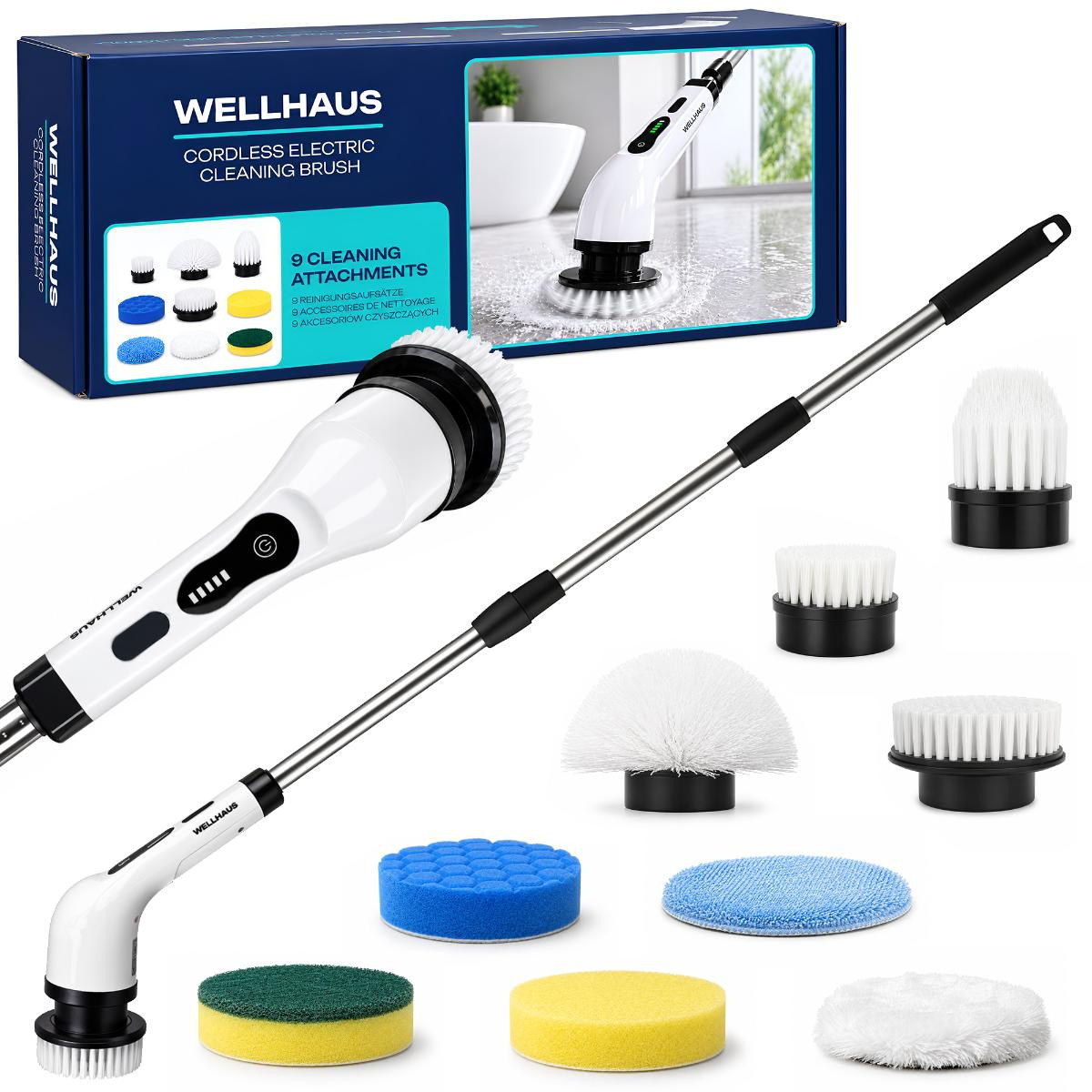 WELLHAUS Elektrische reinigingsborstel 9-in-1, draadloos, met telescopische handgreep