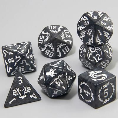 Useful Little Things 7 Pcs Dragon Pattern Dice Set Marble Polyhedral D4 D20 Dice For DND RPG Tabletop Board Games black