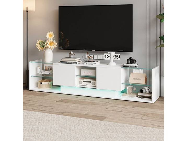 Meuble TV - 200 cm Blanc - Design flottant - LED RGB - Verre trempé
