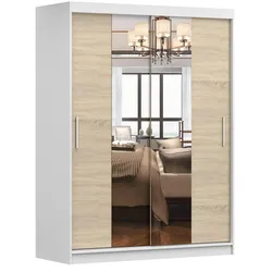 SCHWEBETÜRENSCHRANK Vista 01 Weiß/Sonoma Eiche + Spiegel, mit LED-Beleuchtung 150cm