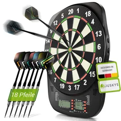 Juskys Elektronische Dartscheibe mit 32 Spielen für bis zu 8 Spieler, LCD-Display & 18 Darts