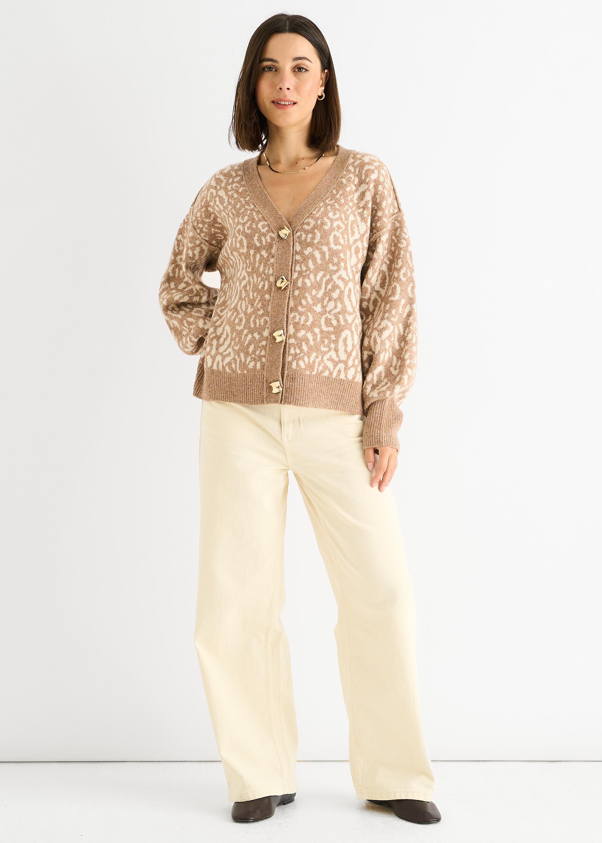 Kamel Tierdruck Wollmix Cardigan Look Pullover