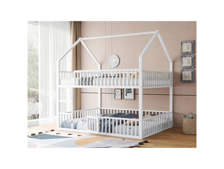 Lit enfant mezzanine cabane 140x200 cm en métal blanc échelle frontale garde-corps et porte en partie basse