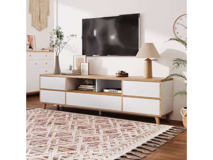 DRIPEX Meuble TV Armoire Salon Blanc-Style Scandinave-5 portes 2 Niche de Rangement Buffet bas en bois massif 175x37x51cm