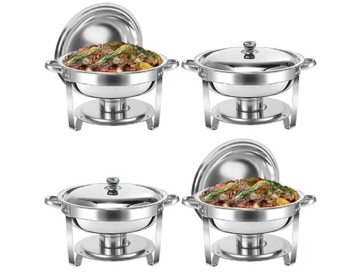 Chafing Dish aus Edelstahl, 5 l, 4er-Set Buffetherd Rundes Chafer-Buffet-Catering-Wärmer-Set mit Essens- und Wasserpfannendeckel(6L)