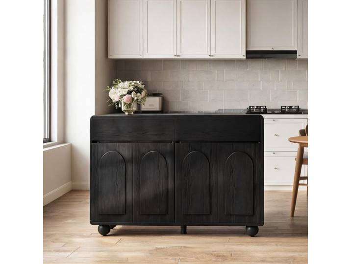Buffet moderne en MDF noir avec portes arquées et 2 tiroirs – L 140 cm
