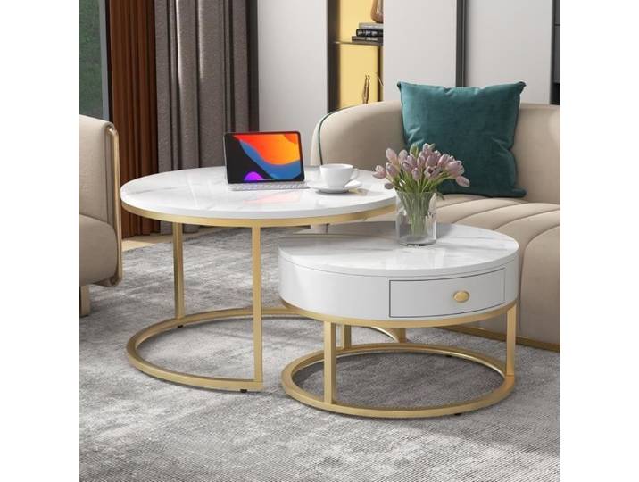 Lot de 2 Tables Basses Gigognes Moderne avec 1 tiroir Motif Marbre Haute Brillance Tables Basses Rondes Tables d'Appoint Blanc