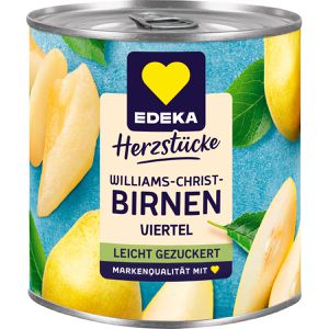 Edeka Obstkonserve Herzstücke Williams-Christ-Birnen, leicht gezuckert, vegan, Viertel in der Dose, 225 g