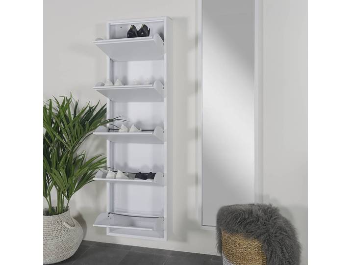 Schuhkipper Billy mit 5 Klapptüren 50 x 169 x 15cm Weiß/Weiß