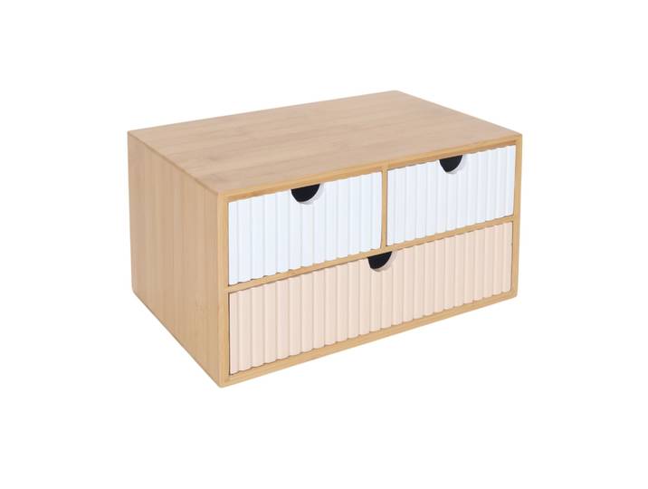 Schubladenbox Bambus geriffelt Weiss-Hellbraun-Rosa