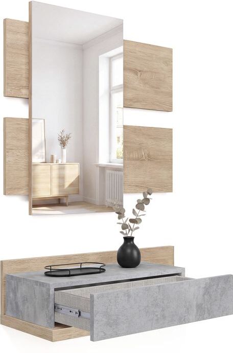 duehome Mueble recibidor con 1 cajón y espejo 75 cm Milo - Roble Canadian - Gris Cemento