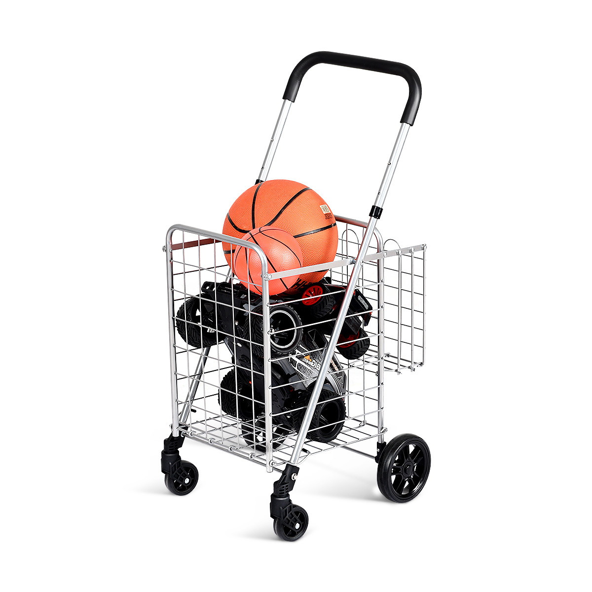 Costway Boodschappentrolley Multifunctionele Opvouwbare Winkelwagen met Dubbele Mand en Verstelbare Handgreep Zilver