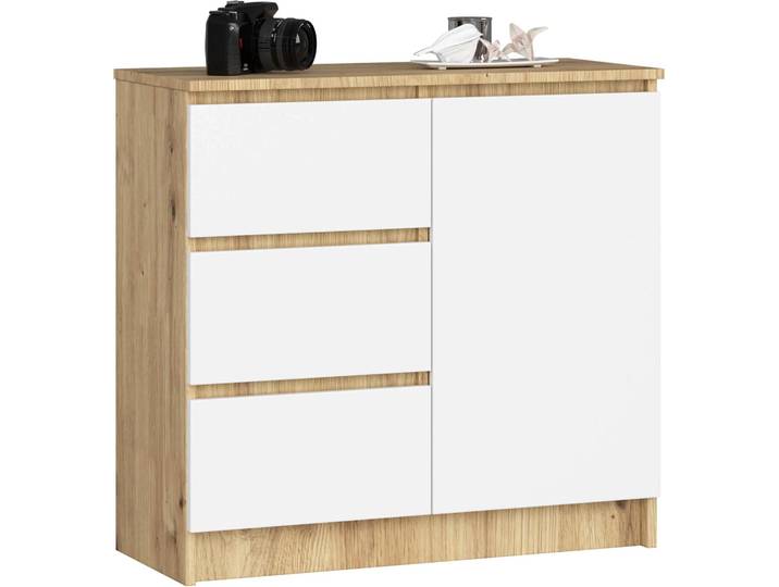 Commode K80 JERRY en chêne artisan et blanc avec rangement et 3 tiroirs