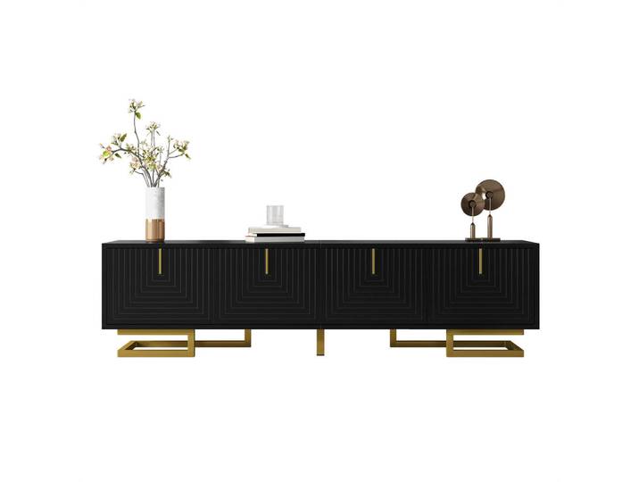 Evryae Lowboard mit strukturierten Türen, vier Türen und gedämpften Scharnieren Schwarz, Metall, Rechteckig,Rechteckig, Kufe, 160x44.5x38 cm, Wohnzimmer, TV Möbel, Lowboards, Lowboards stehend