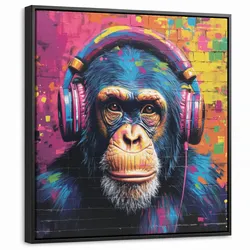 LEINWAND Bilder mit Rahmen - Graffiti - Schimpanse - Straßenkunst - Kopfhörer - Affe - 50x50