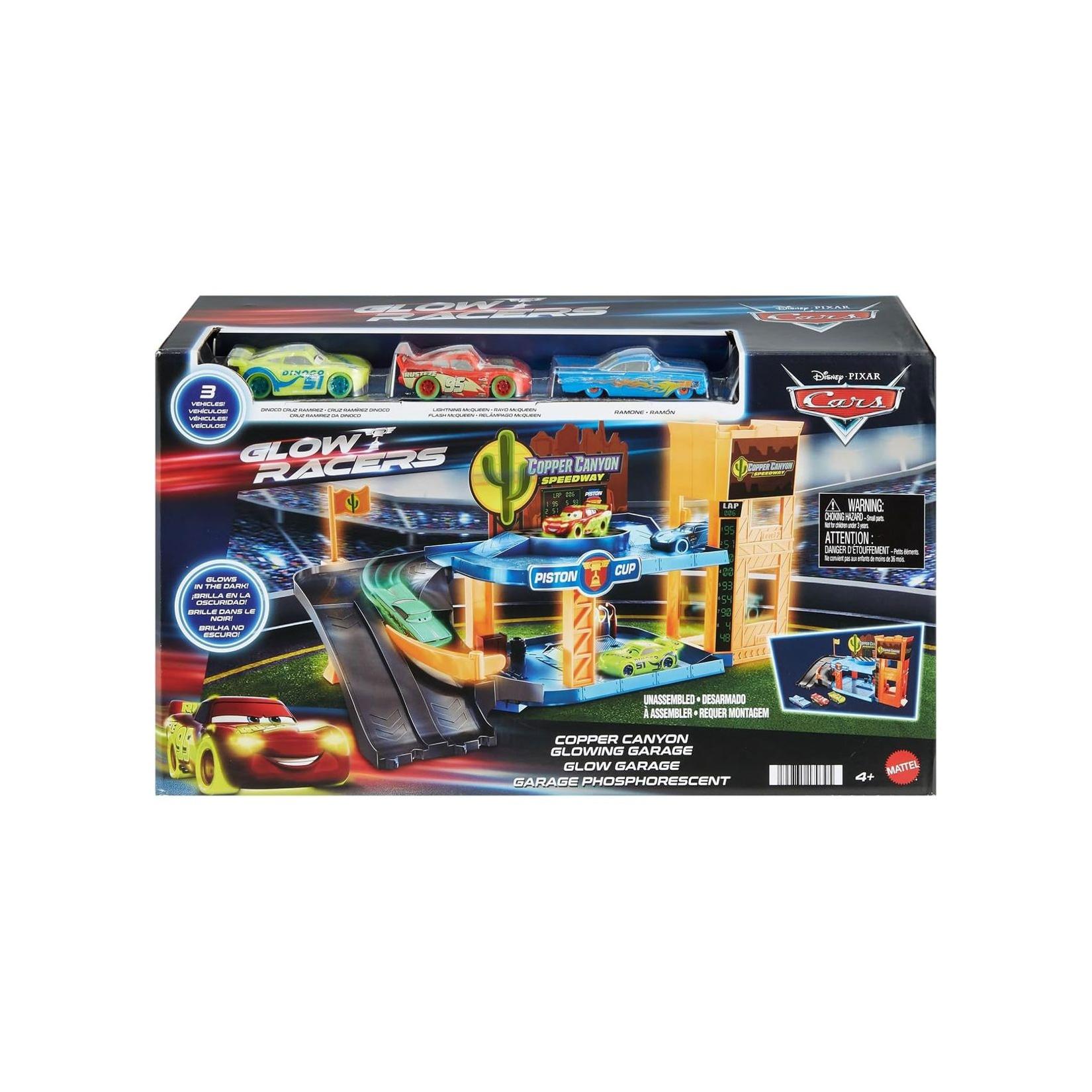 Mattel HPX75 - Disney Pixar Cars - Copper Canyon Leuchtende Garage Spielset – Rennspaß im Dunkeln!