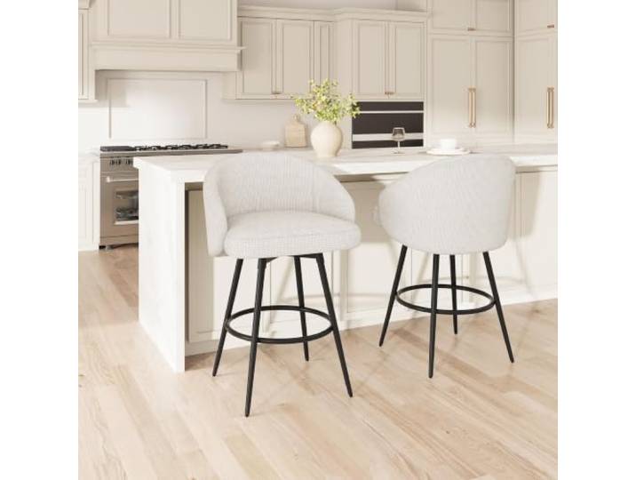 GarveeHome Drehbarer Barhocker mit Rückenlehne aus Leinen und Massivholz, Moderner Barstuhl 360 Grad Drehstuhl in Weiß, Küchenhocker für Küche, Esszimmer & Theke