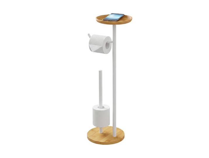 Relaxdays Toilettenpapierhalter Weiß mit Ablage Bambus Metall 65 cm, Metall, Holz, Kunststoff, 25x65x20 cm, Badezimmer, WC Ausstattung, WC-Rollenhalter