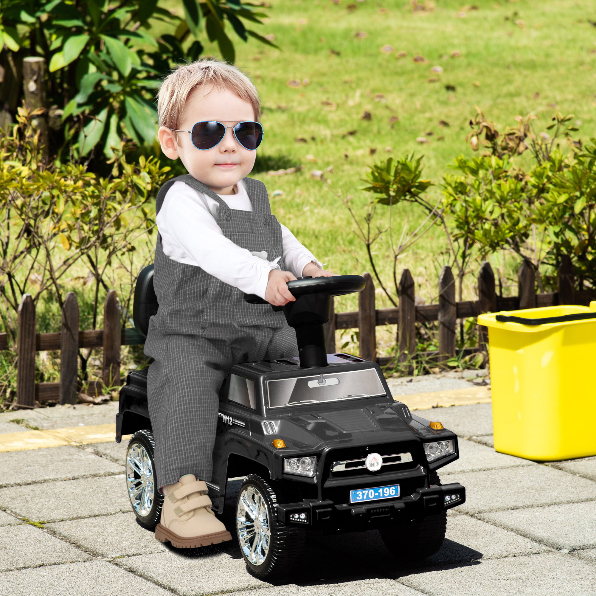 Homcom Macchina Cavalcabile Fuoristrada Bambini 18-36 Mesi, Volante, Fari, Musiche, 68x30.5x41.5cm, Nero Aosom