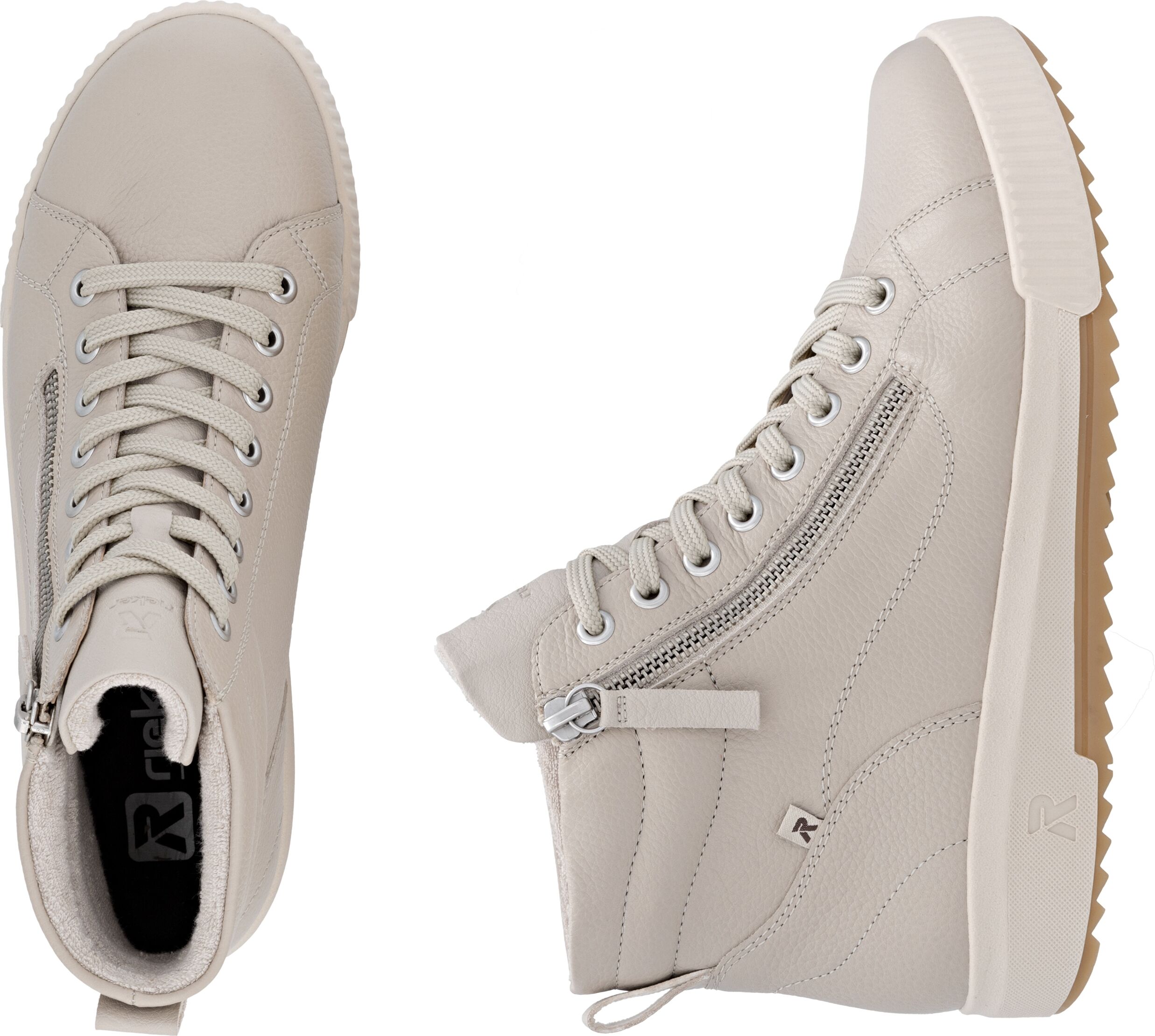 Schnürboots RIEKER SPORT, Damen, Gr. 38, beige (creme), Leder, Schuhe Schnürboots, Stiefelette, High Top Sneaker, Freizeitboots mit Reissverschluss creme 38